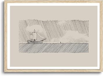 KISSFOX Peter and Jesus Walk on Water OAK Wood Framed Wall Art Christian Canvas Art Prints Inspirational Bible Pictures Wall Decor Sketch Faith Art Paintings Posters For Bedroom Living Room