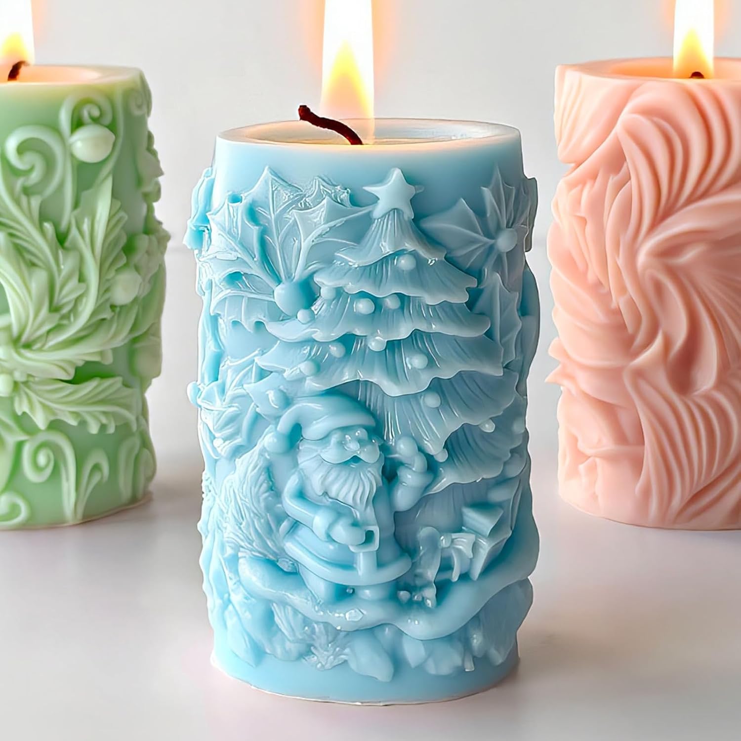 Wehous Christmas Candle Molds, 3D Embossed Santa Tree Holly Cylinder Silicone Molds for Resin Candle Soap Wax, Christmas Ornament Fondant Chocolate Dessert Mold Art Craft Xmas Decor (Santa & Tree)