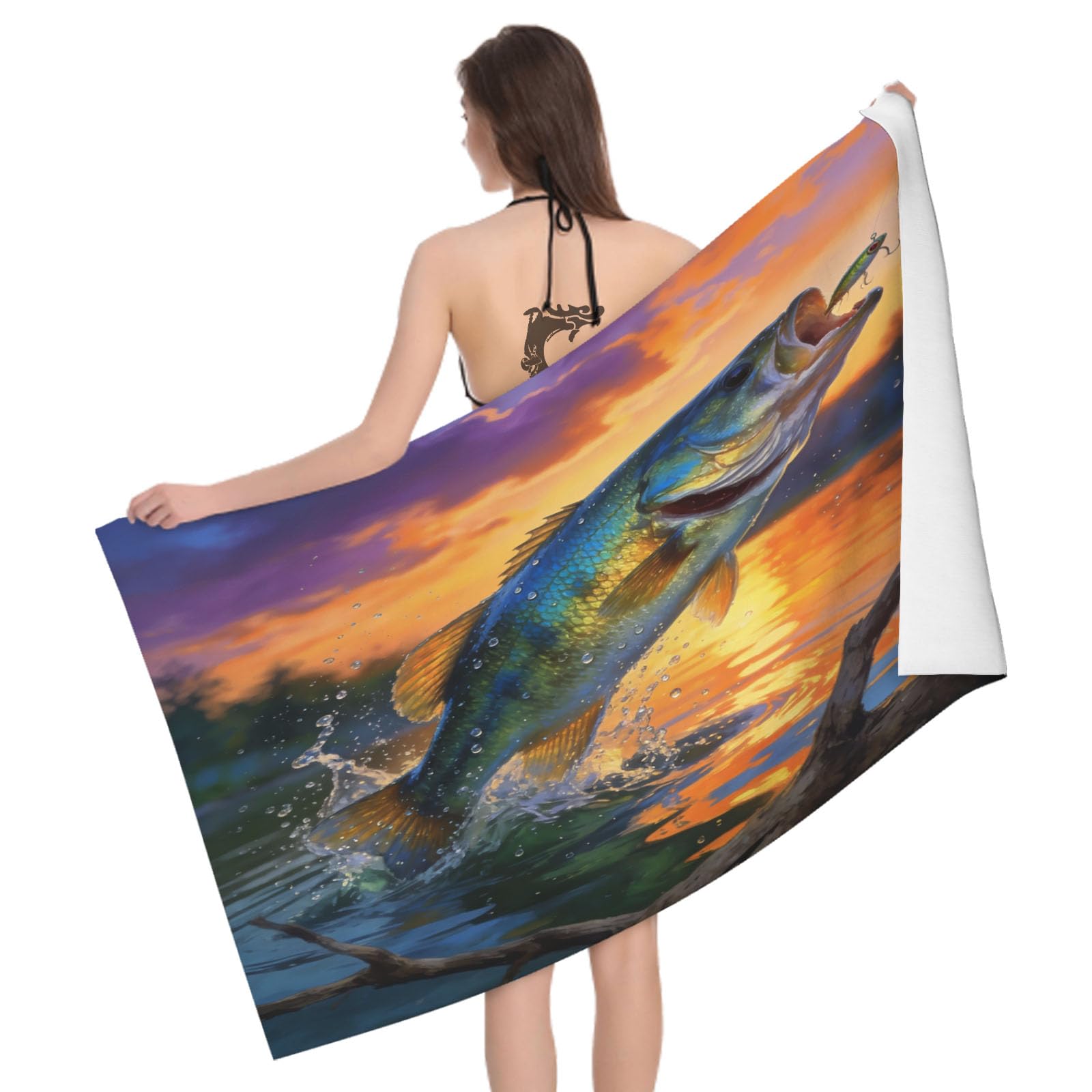 Leichong 3D Fishing Beach Towel Microfiber Soft Quick Dry for Adults, Fishing Bath Towel Lightweight Soft Absorbent for Travel Swimming Pool Sports, 75 x 150 cm