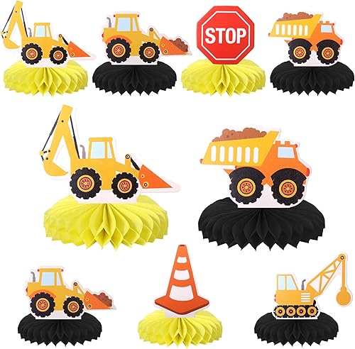 6 piezas de construcción de panal de abeja, centro de mesa, letrero de parada, camión volquete, excavadora, tractor, centros de mesa para tema de