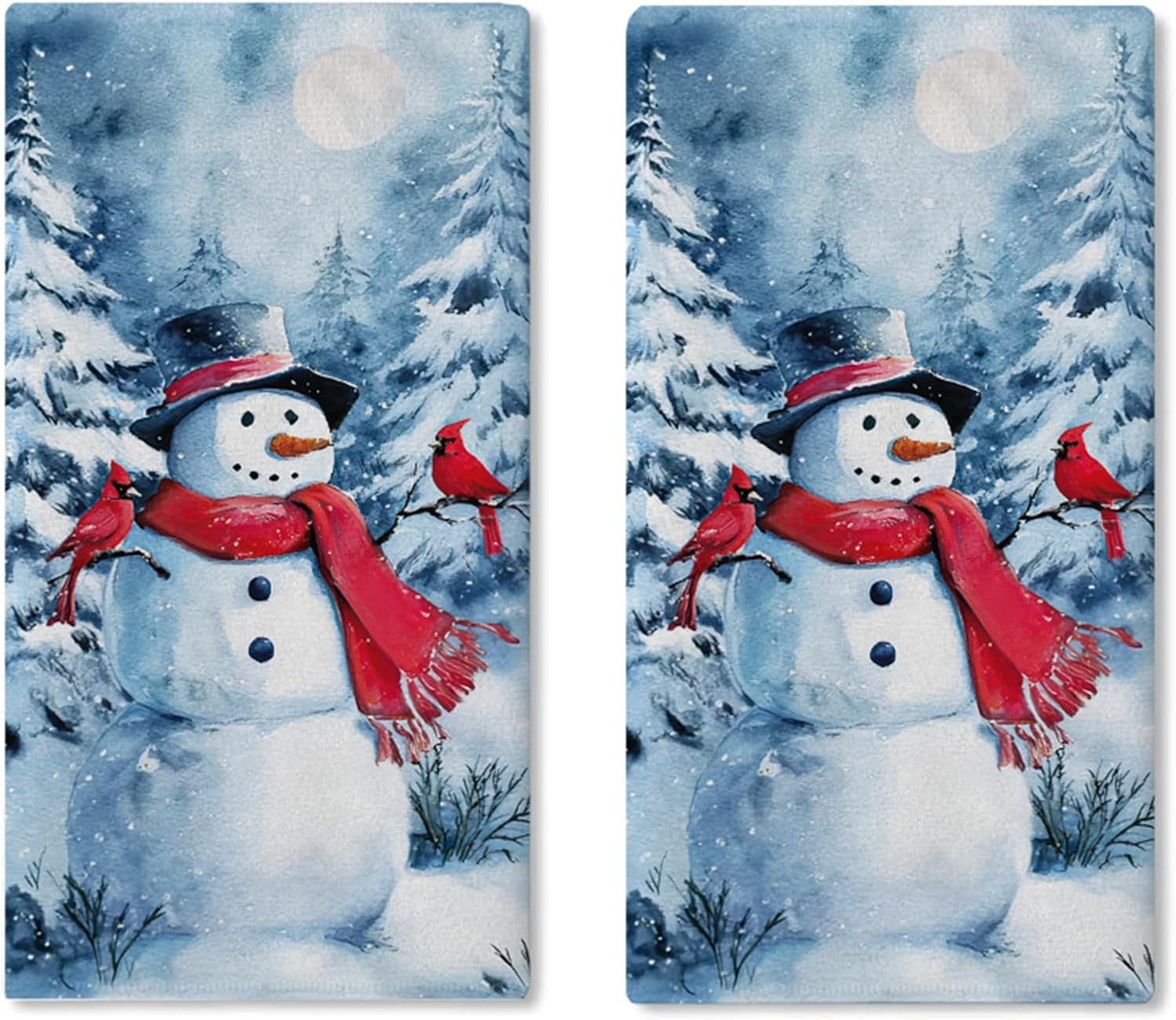 Winter Snowman Kitchen Dish Towel, Watercolor Snowy Pine Tree Cardinal Drying Hand Towel Baking Cooking Cloth, Christmas Seasonal Moon Home Decoration 18 x 26 Inches