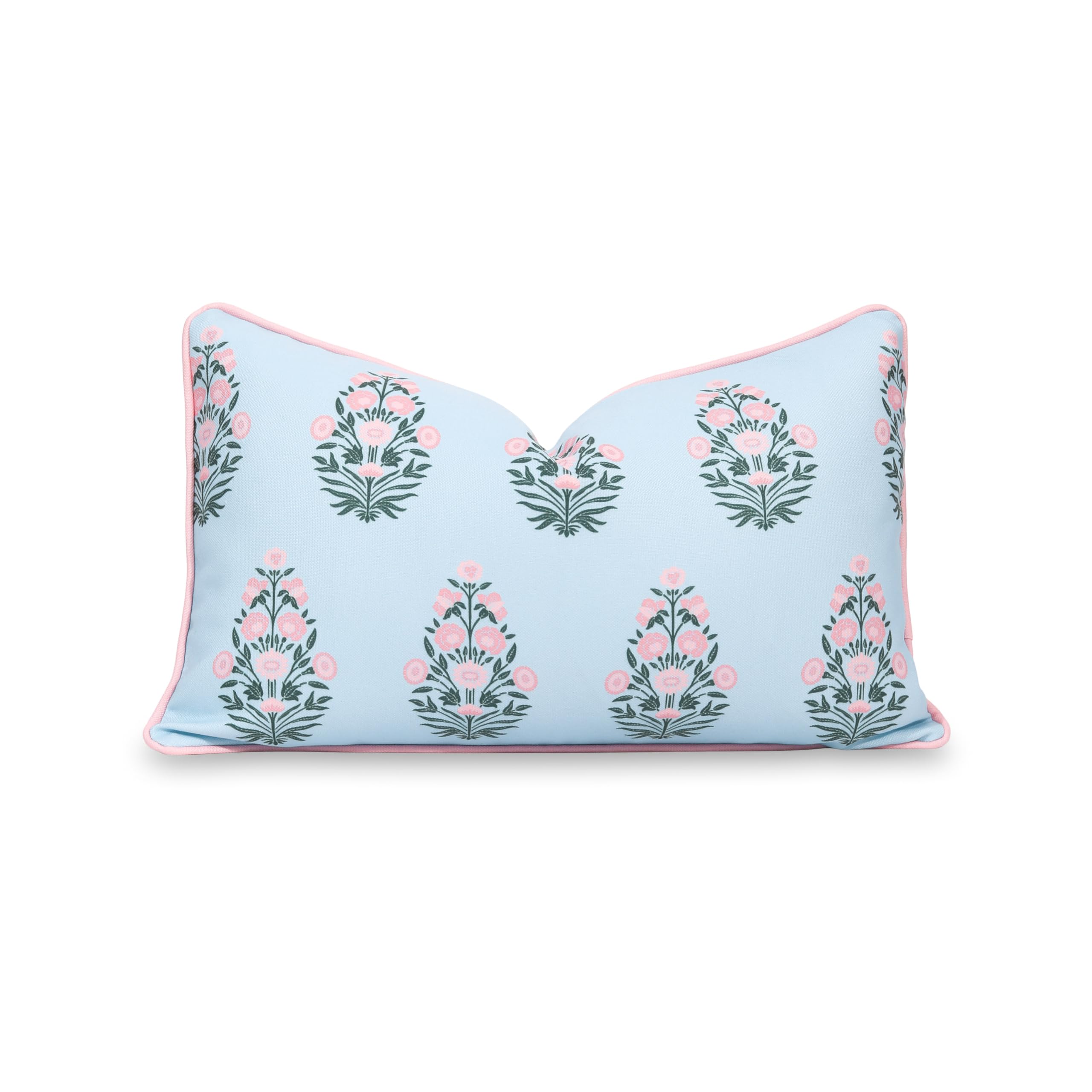 Hofdeco Premium Coastal Patio Indoor Outdoor Lumbar Pillow Cover Only, 12"x20" Water Repellent for Backyard, Couch, Baby Blue Blush Pink Floral with