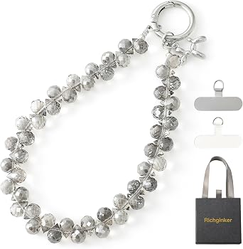 richginker Sparkling Beaded Phone Wrist Strap with Box, D-Gray