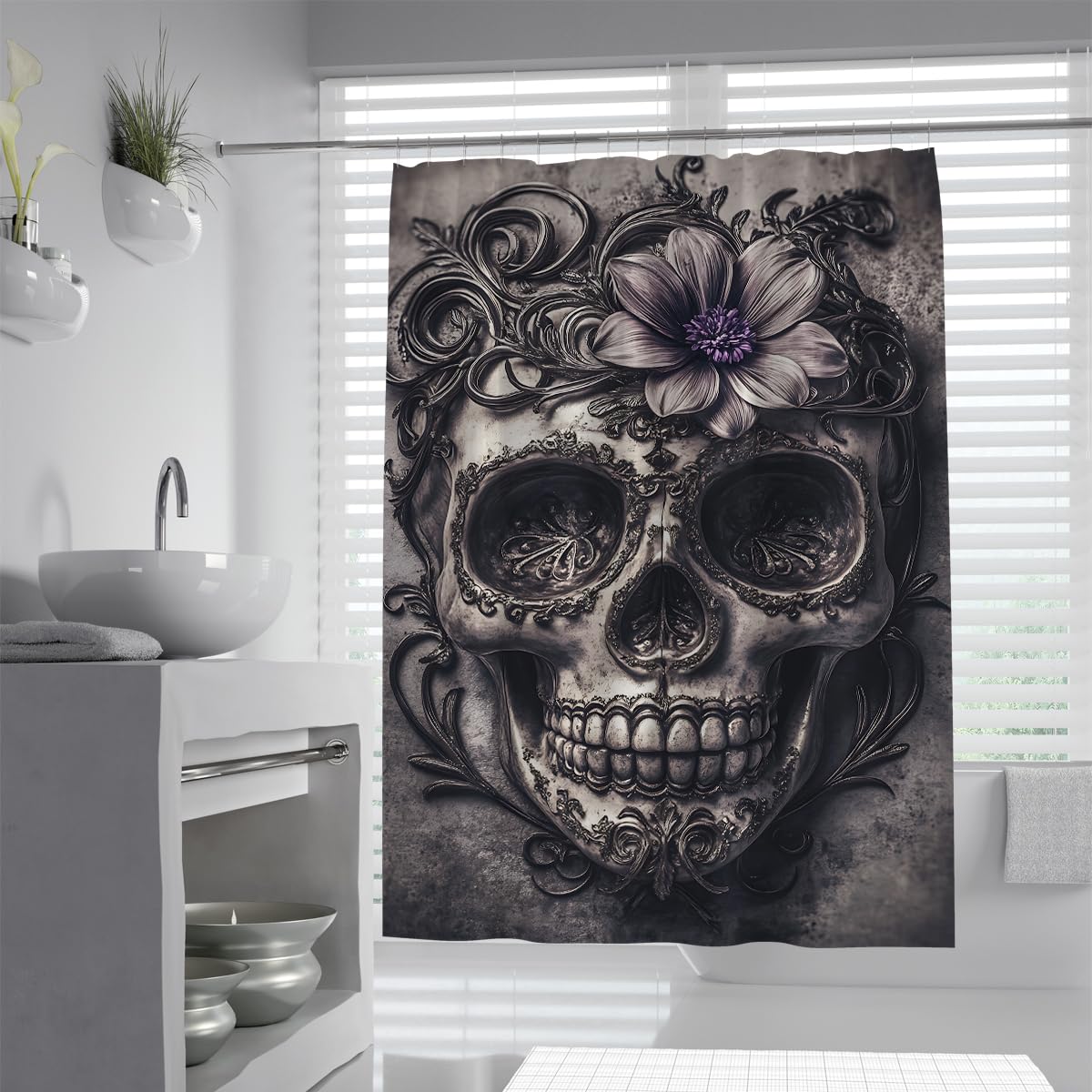 Uiringart Shower Curtains Sugar Skull And Purple Flower Shower Curtain W120xl200cm Day Of The Dead Anti Mould Mildew Resistant Waterproof Fabric Bathroom Curtains With Hooks