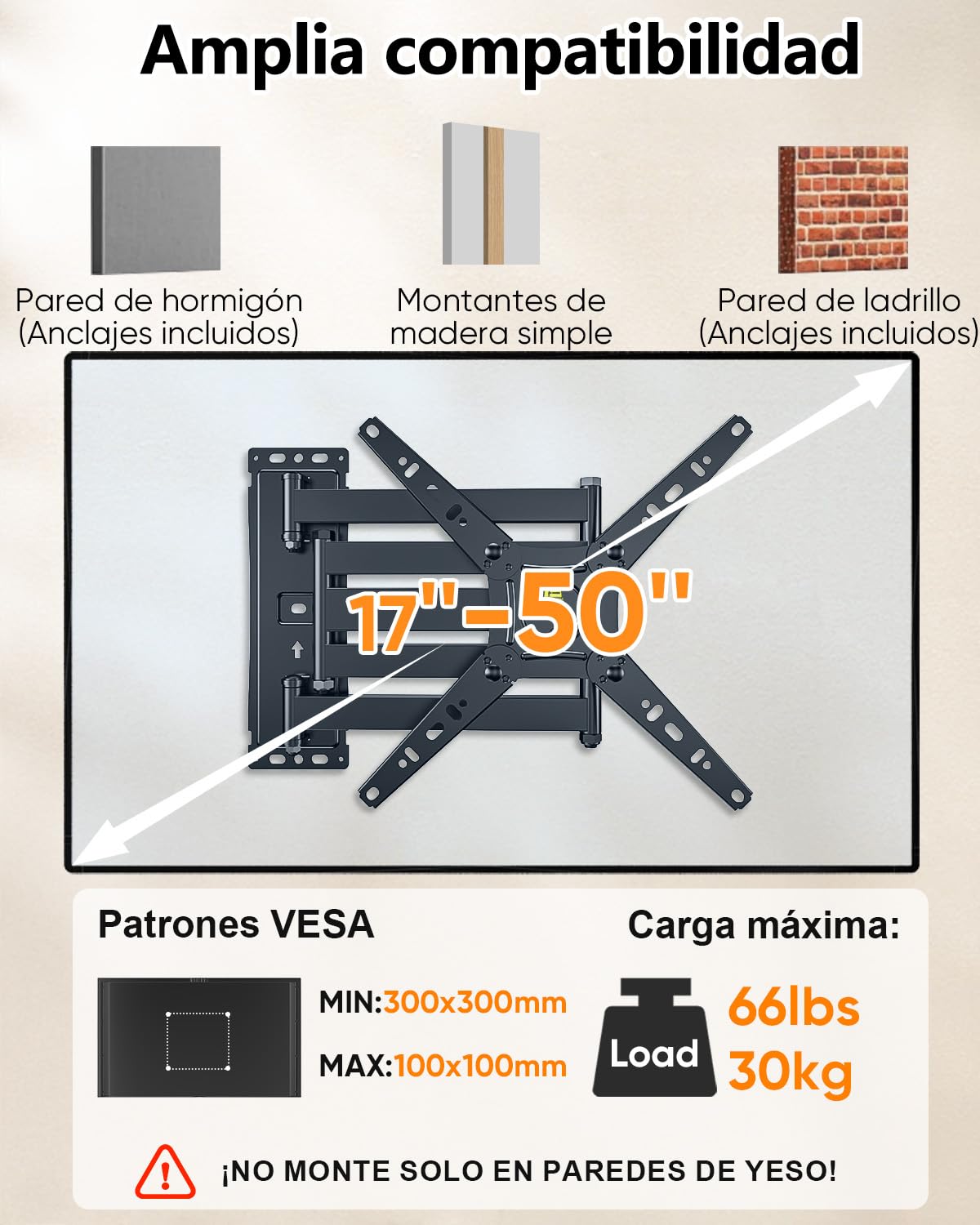 FORGING MOUNT Soporte TV Pared, Brazo Largo de 1035mm para TVs de 17-50 Pulgadas, Soporte Pared TV Articulado Inclinable y Giratorio con 180° Rotación, hasta 30 kg, MAX VESA 300x300mm