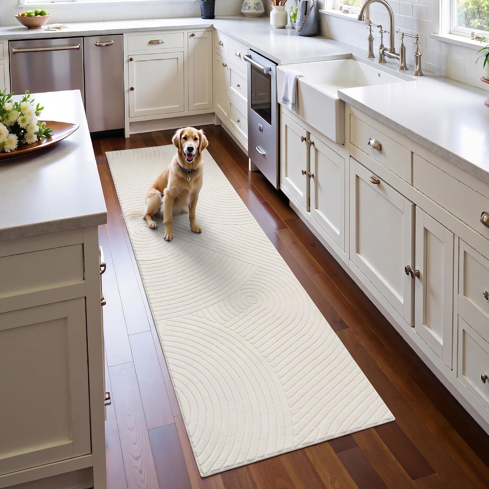 SHACOS Teppich Läufer Flur rutschfest, 80 x 300 cm Beige Waschbar Küchenteppich, Modern Kurzflor Teppichläufer für Flur, Küche und Wohnzimmer