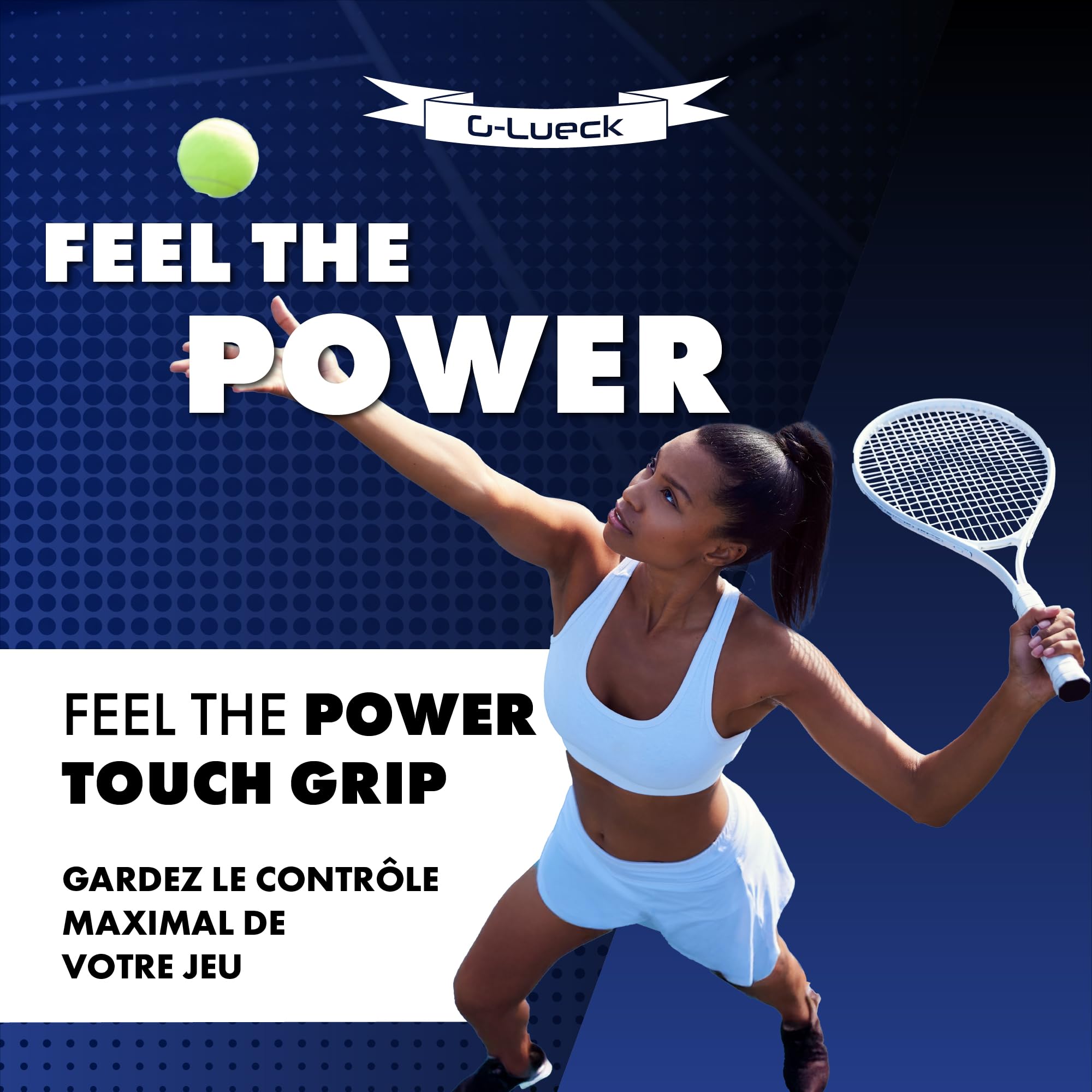 G-Lueck Lot de 3 surgrip Tennis Power Touch Overgrip (très adhérent et Durable) - 0,60 mm d'épaisseur - pour Padel, Badminton, Squash - avec Bande de Finition autocollante - Antidérapantes