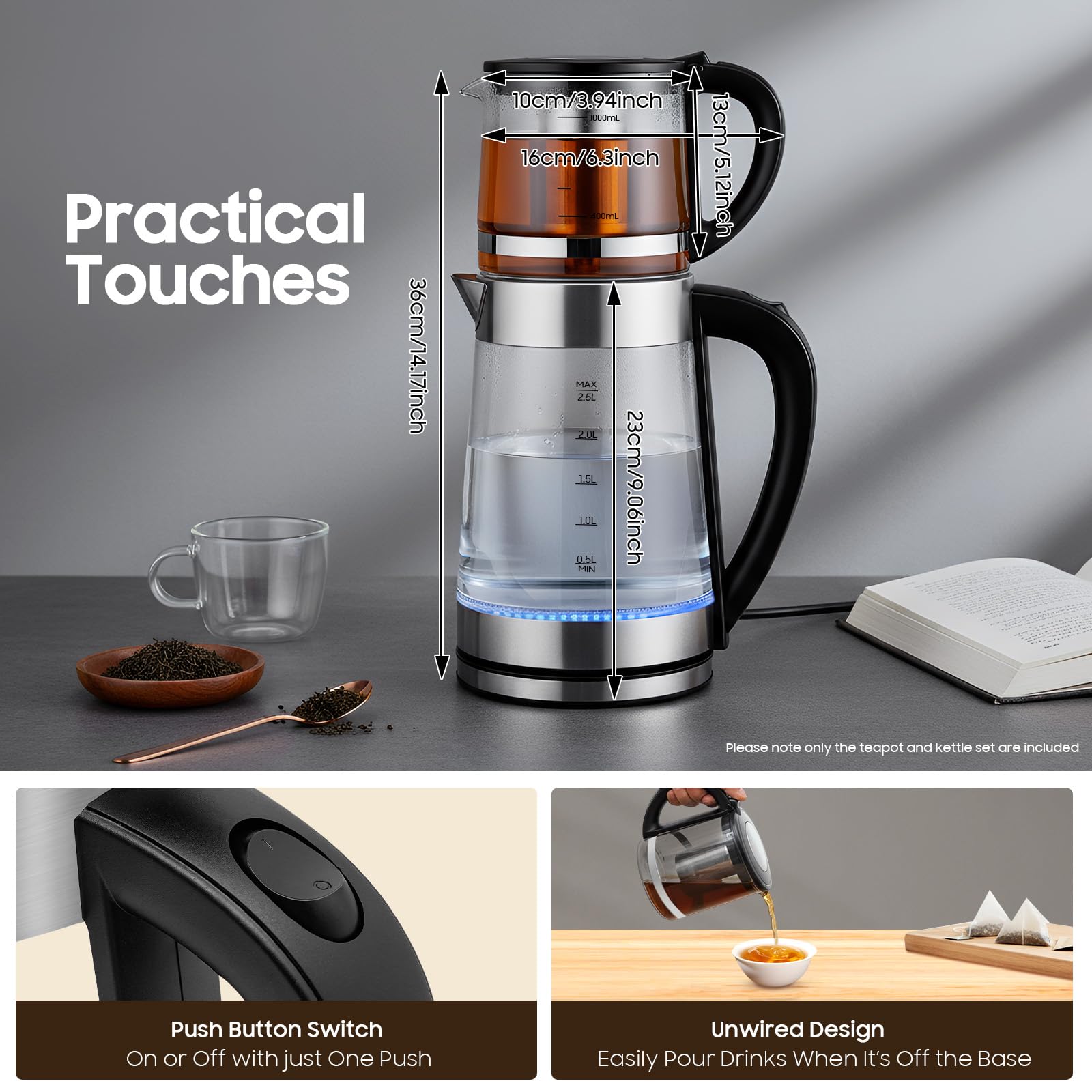 2.5L Teekocher Elektrisch, 1500w Türkischer Teekocher, Caydanlik Elektrisch，Großer Wasserkocher And Kleine Teekanne For Trockenmilch, Weißem Tee, Grünem Te