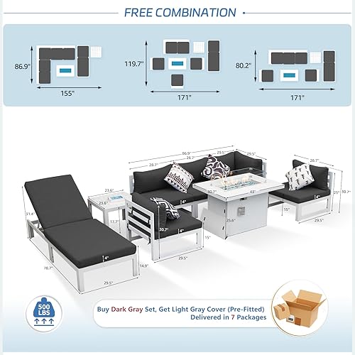 Miniatura 429 de NICESOUL 7 Piece White Powder-Coated Aluminum Patio Furniture with Fire Pit Table, 29 Inch Extra Wide Outdoor Sectional Sofa for 6, High-End Heavy