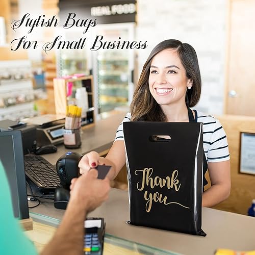 Miniatura 5 de Paquete de 100 bolsas de agradecimiento para pequeñas empresas, bolsas de plástico de 9 x 12 pulgadas con asas, bolsa de mercancía al por menor,