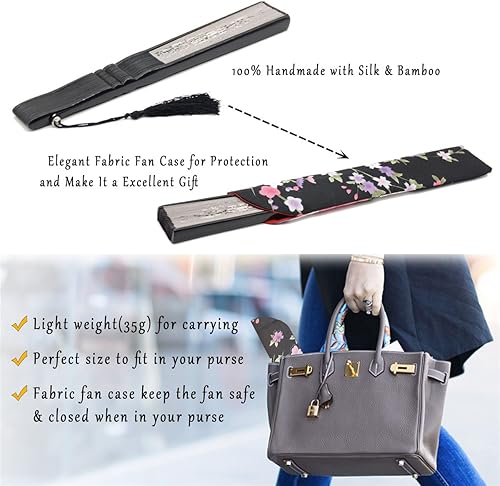 Miniatura 6 de OMyTea, abanico desplegable con motivo de flores de yuyos (8.27 pulgadas - 21 centímetros) con funda de tela para protección, estilo chinojaponés