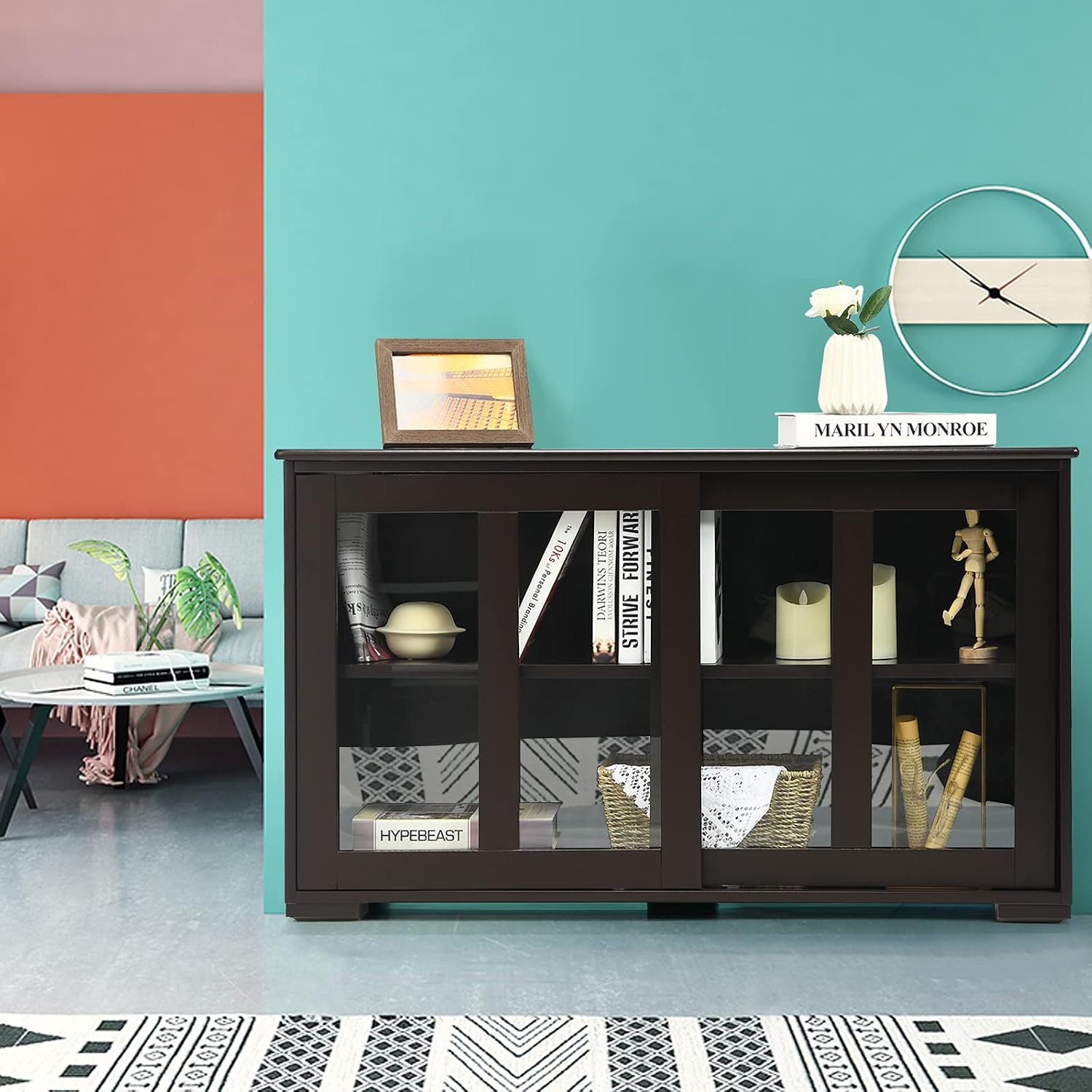 Modern Stackable Buffet Cabinet w/Sliding Tempered Glass Door, Adjustable Shelf Cupboard, Bathroom Floor Cabinet, Buffet Table Coffee Bar (Espresso)