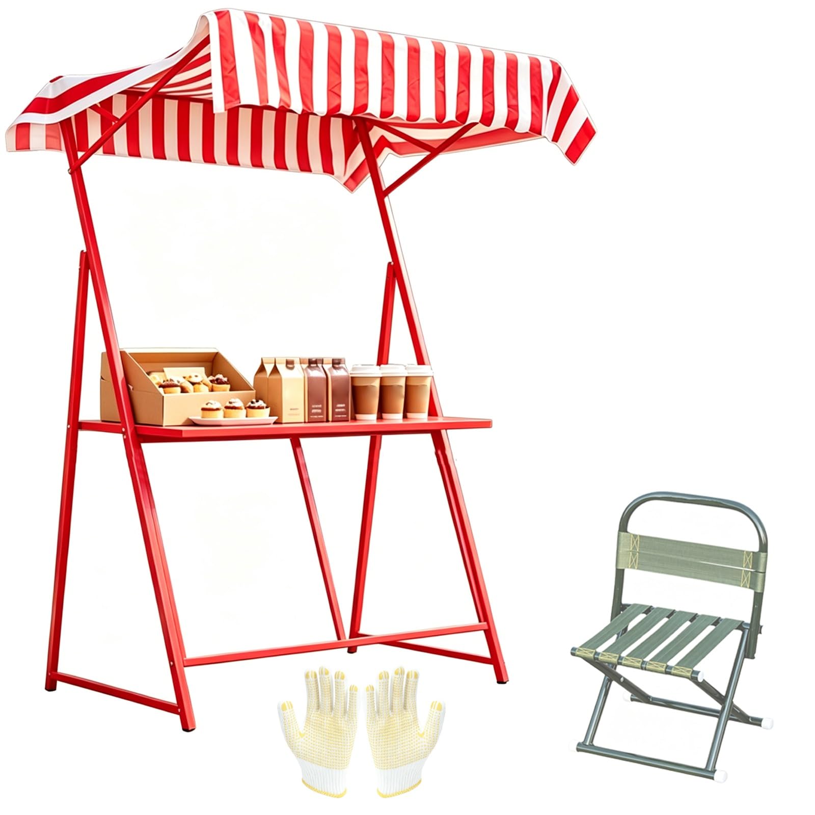 Carrello Venditore Portatile con Tenda e Sedia, Banco Commerciale per Mercato All'aperto, Chiosco Alimentare per Eventi e Barbecue(Red)