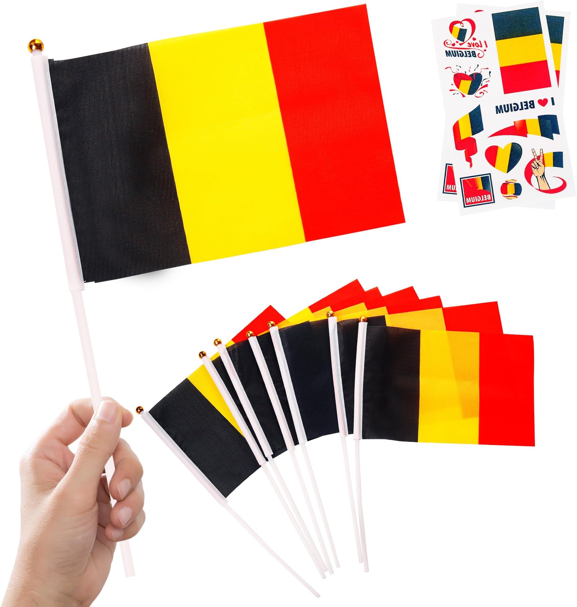 10pcs Small Belgium Flags on Sticks & 2pcs Tattoos, Belgium Flags Hand Held Flags foFootball Sports Events National Day Party Decorations