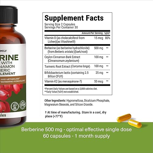 Miniatura 5 de Suplemento de berberina de 500 mg con probióticos, vitamina D y vitamina K - 60 cápsulas de berberina - Berberina 500 mg para equilibrio de peso,