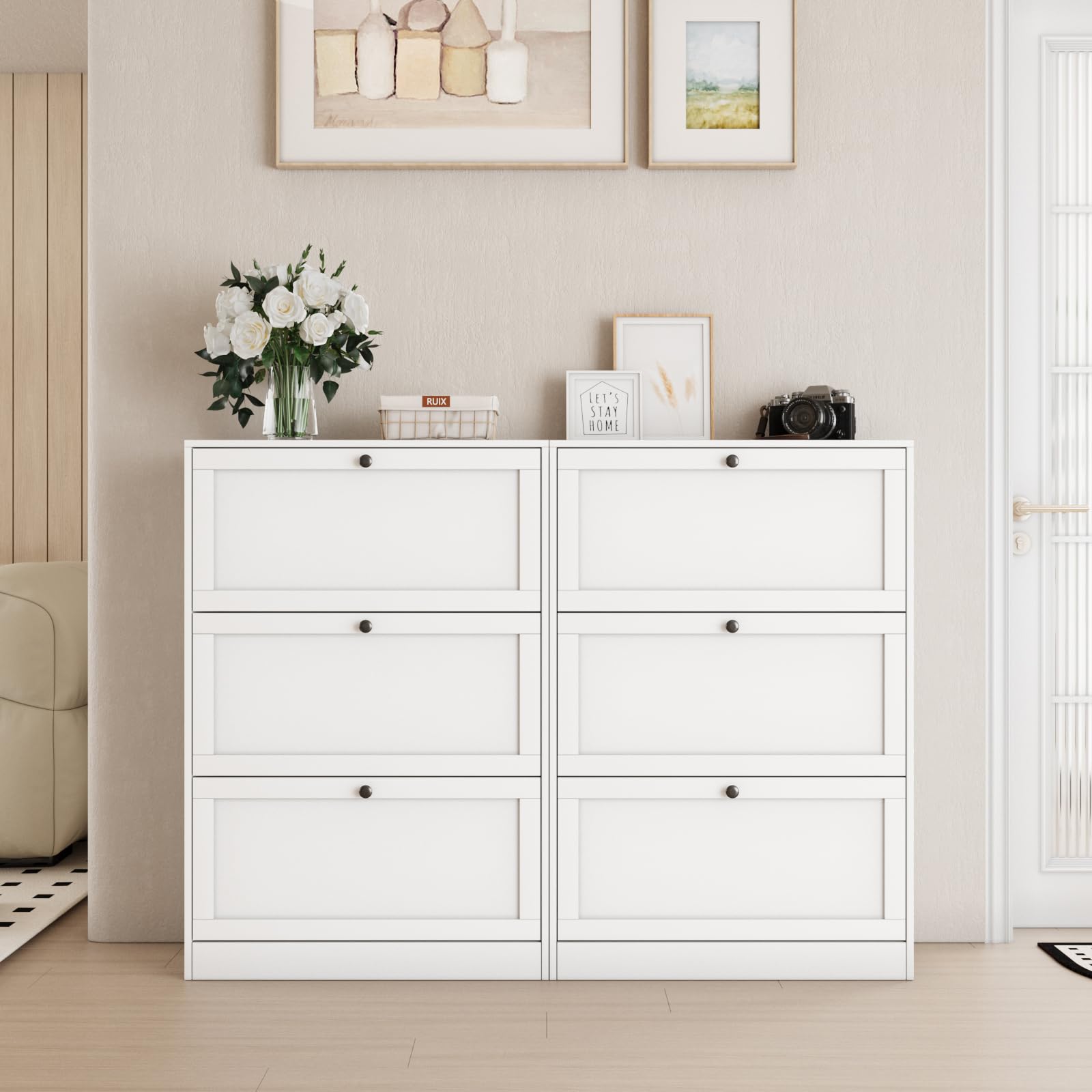 VOWNER Scarpiera Salva spazio Slim in Legno, Scarpiera Portascarpe in Legno, Regolabili, Con Anta a Ribalta Tripla e Tripla Profondita, 80x117x30 cm (LxAxP),Bianco