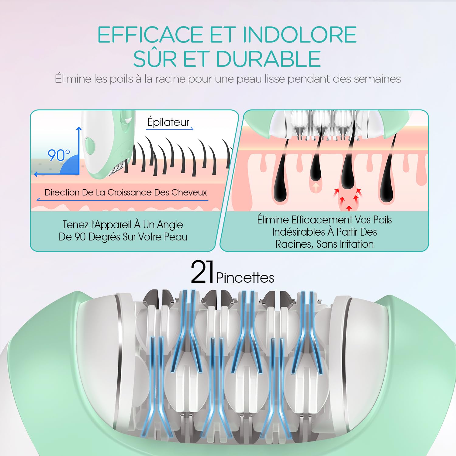 VOGOE Epilateur Electrique Femme avec 21 Pinces et Lumière LED, 2 Vitesses Épilateur Visage Femme Sans Fil, Epilateur Electrique Rechargeable pour Bras, Jambes, Visage HR110 (Vert)