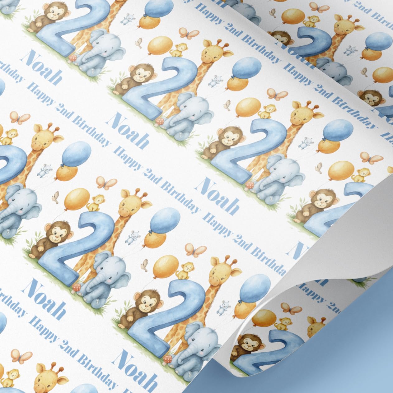 Personalised 2nd Birthday Wrapping Paper | Safari Animal Gift Wrap with Elephant, Giraffe, Monkey & Balloons | Custom Name & Age | 61cm Wide Rolls | Kids Birthday Present Wrap (Blue, 6mt)