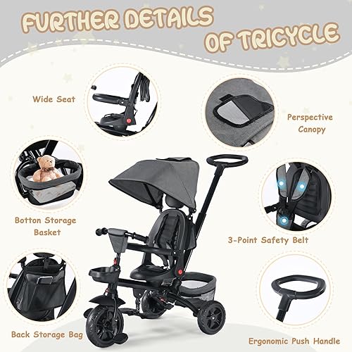 Miniatura 7 de TODUFULL Triciclo plegable para niños, triciclo 8 en 1 con toldo extraíble y varilla de empuje parental, cochecito de bicicleta para niños de 1 a 5