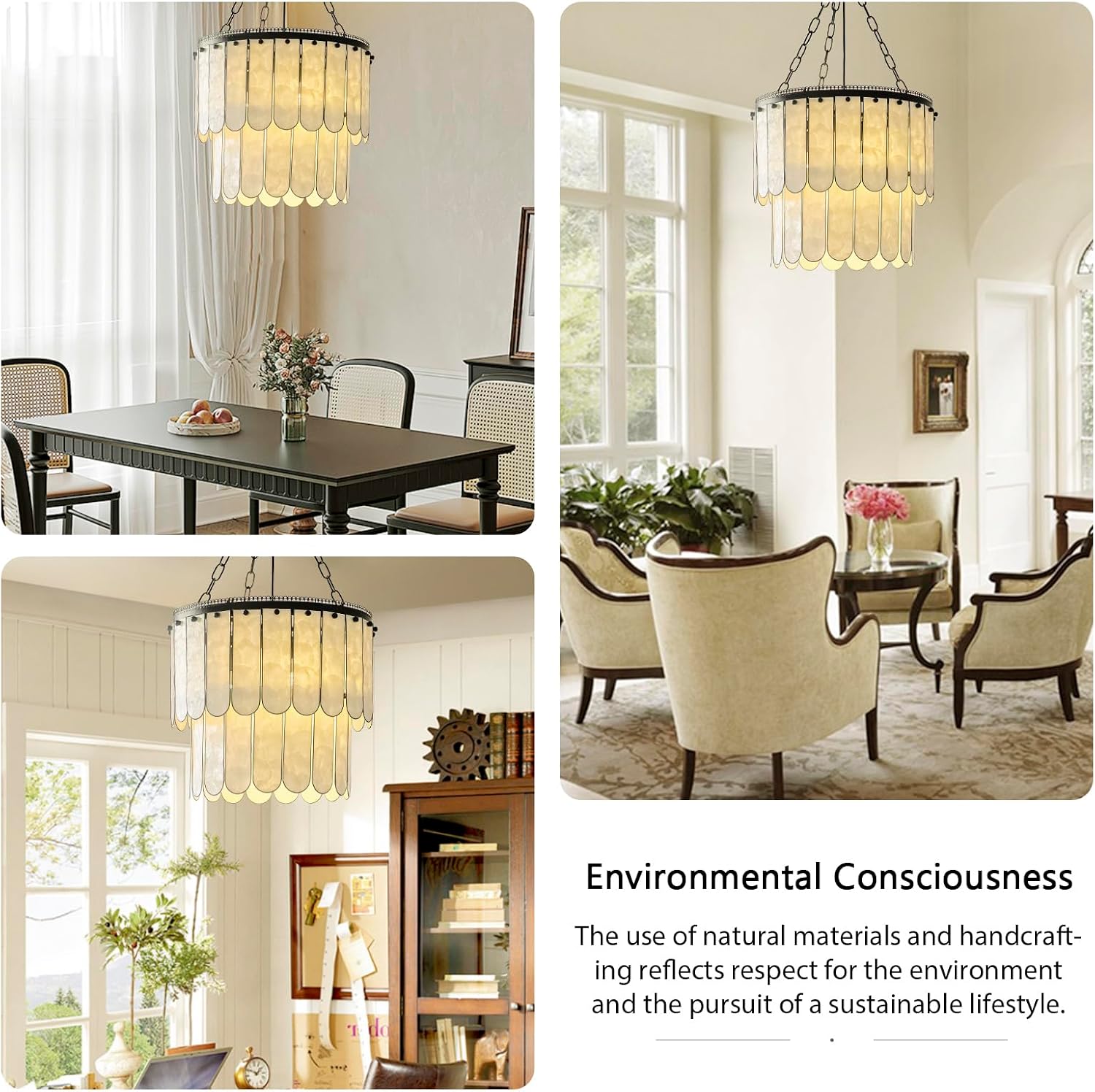 Capiz Shell Chandelier, Modern Dining Room Pendant Light, Black Round Farmhouse Bedroom Light, Entry Living Room Corridor Vintage Kitchen Island Coastal Hanging Chandeliers