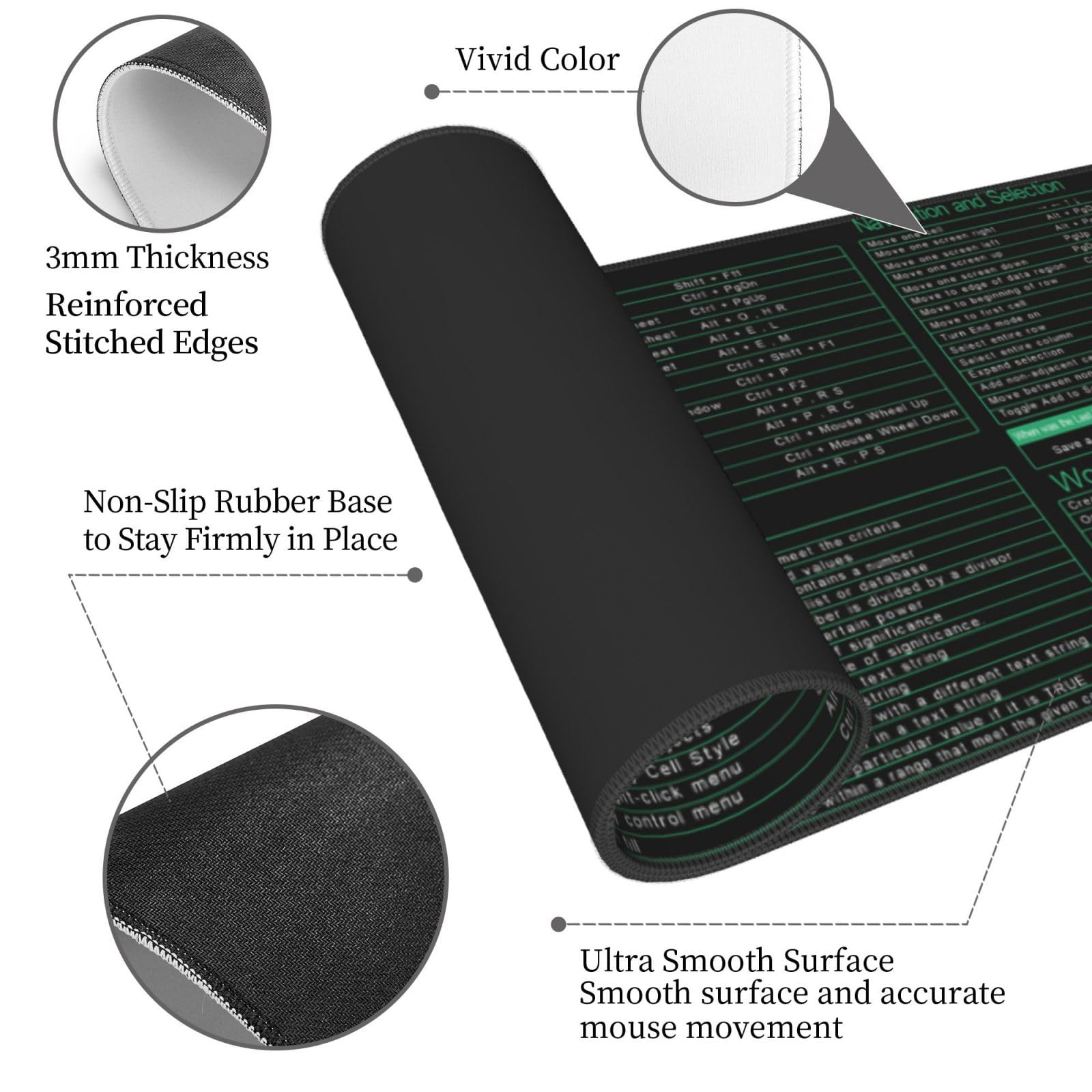 Excel Shortcuts Keys - Alfombrilla para mouse (31.5 x 11.8 pulgadas, XL, bordes cosidos antideslizantes, de goma)
