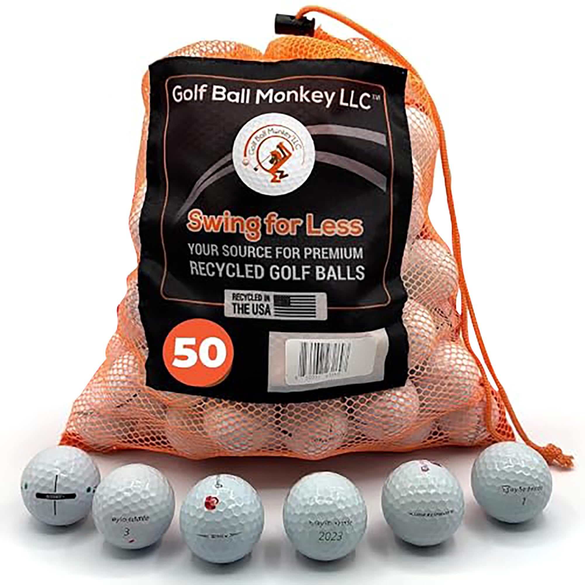Golf Ball Monkey Günstige recycelte Golfbälle für Taylormade Golfbälle, weiße Mischung, 50 Stück, in gutem Zustand, TP5, TP5X, ProjectA, Tour Response, Distance Plus, RBZ und mehr (inkl. Netztasche)