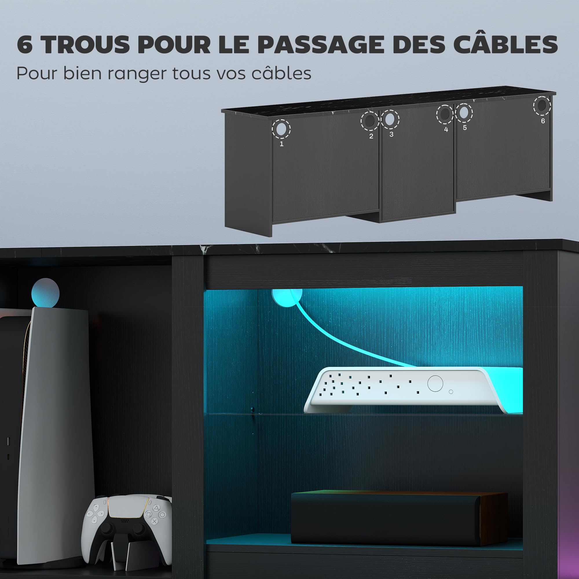 HOMCOM Meuble TV LED RGB Meuble télé Bois Banc TV jusqu'à 65 Pouces avec étagères en Verre réglables, 5 niches, Passe-câbles et télécommande pour Salon, Chambre à Coucher, dim. 160 x 35 x 50 cm, Noir
