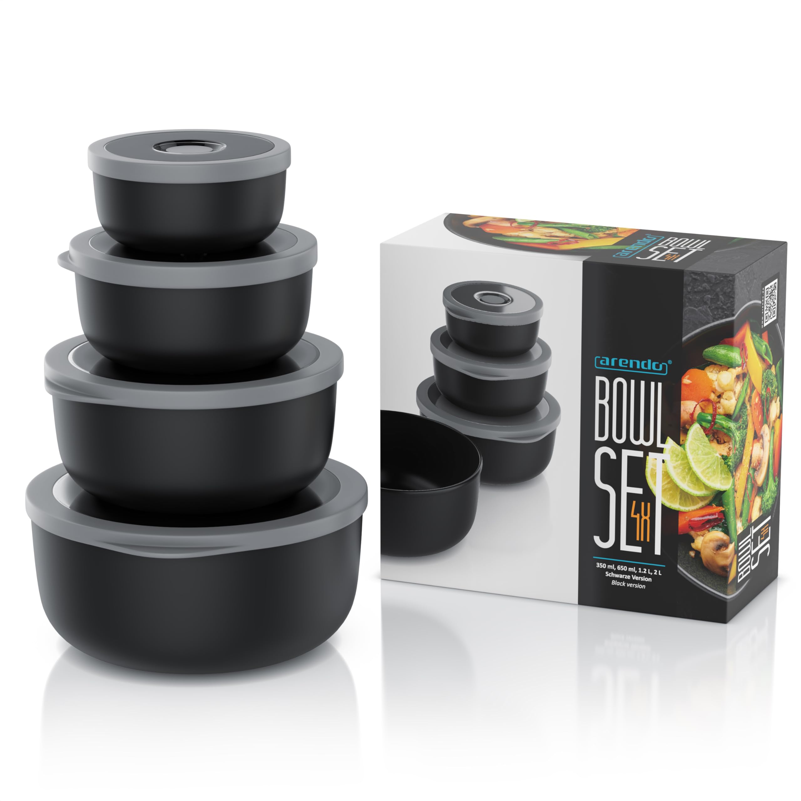 Arendo - Lot de 4 boîtes de conservation avec couvercle - Saladier - Bol mélangeur - Set de bols en différentes tailles - Convient pour un usage alimentaire - Passe au lave-vaisselle et au micro-ondes