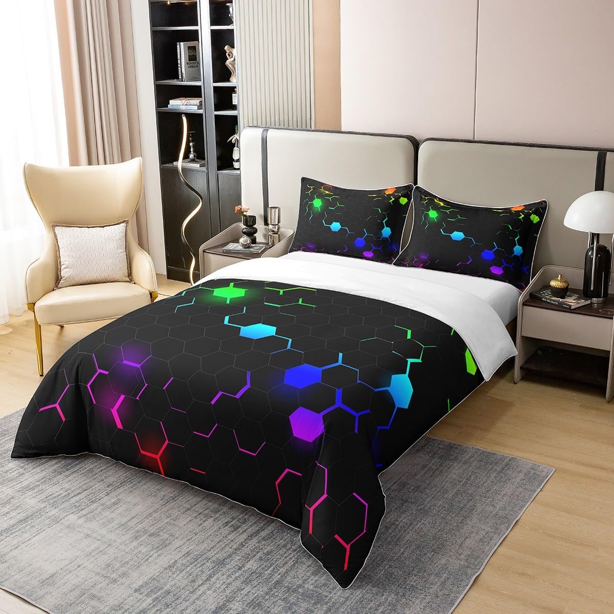 Homewish Modern Metal Honeycomb 100 Cotton Duvet Cover Single,Colorful Ombre Geometric Bedding Set,Hexagon Beehive Comforter Cover,Kids Boys Girls Honeycomb Quilt Cover with 1 Pillowcase,Green - Image 3