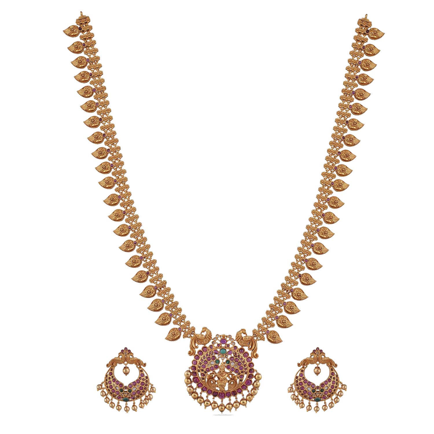Tarinika Gita Gold Plated Indian Jewelry Set with Long Necklace and Earrings - White Red Green