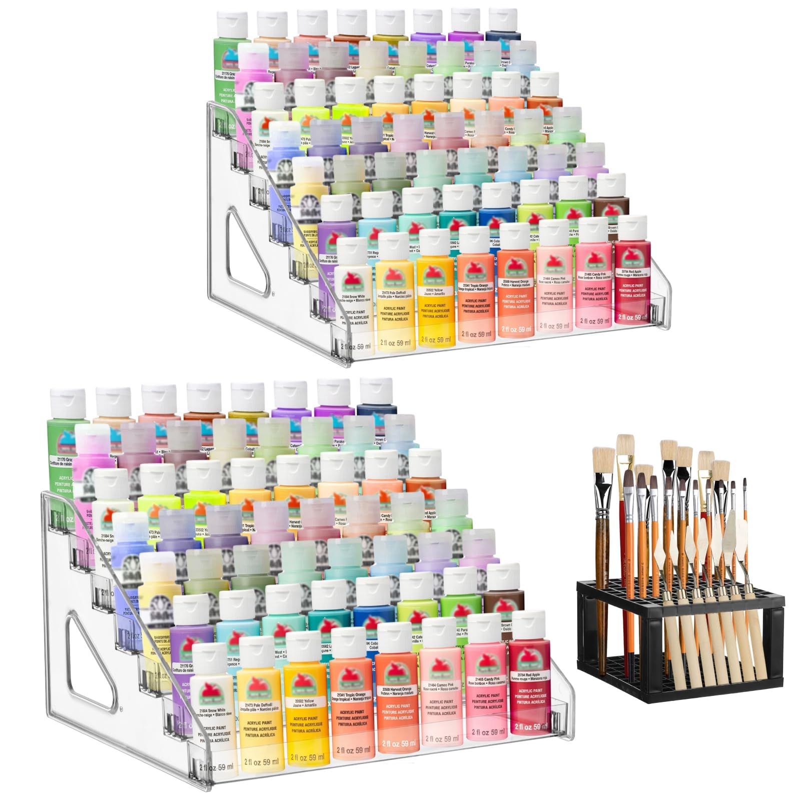 YEXEXINM 2 Pcs Acrylic Paint Organizer with Paint Brush Holder, 7 Layers Clear Paints Storage Rack Craft Colorant Holder Rack for Craft Hobby Miniature Model Light Pigment Bottle