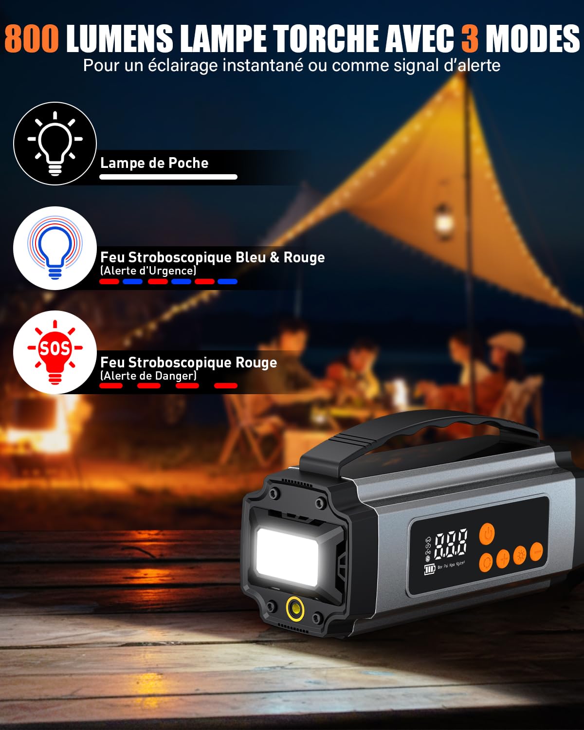 Onherm 7-in-1 Booster Batterie Voiture avec Gonfleur 150PSI, 2000A Demarreur Batterie Voiture pour Jusqu’à 8L Gaz ou 5L Diesel, Booster Moto avec Éclairage LED, Chargeur USB-C et Écran LCD