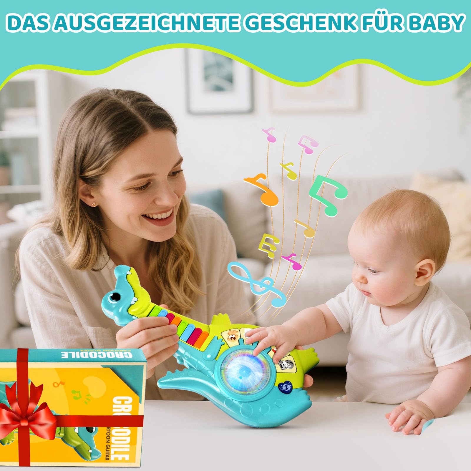 Musikalisches Spielzeug für Baby ab 1 Jahr Lernspielzeug Gitarre mit Tiergeräuschen, Musik Spielzeug mit Lichtern, Musik Montessori Kleinkind Spielzeug für Jungen & Mädchen, Geschenk 12 18 Monate