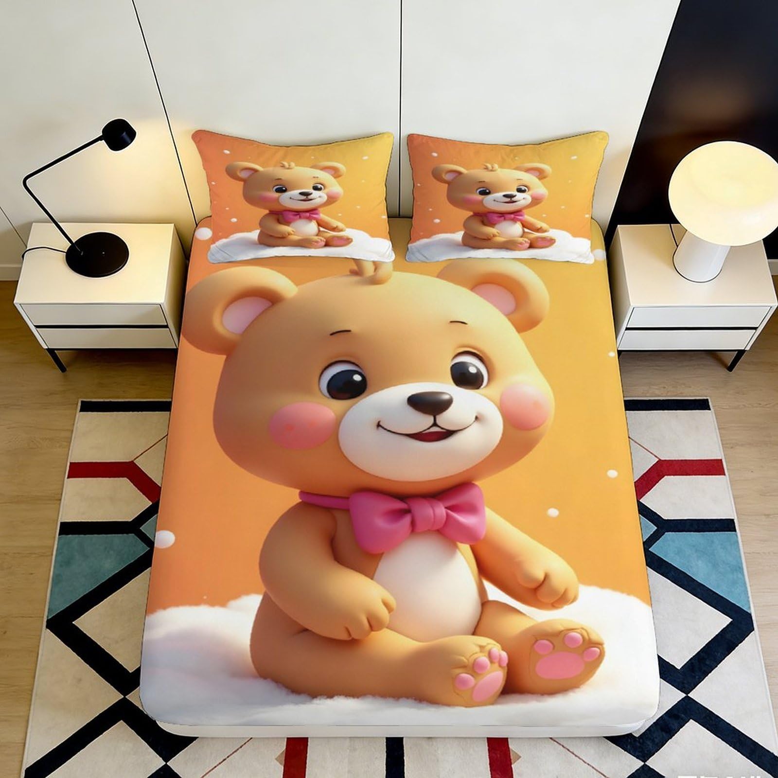 3D Printed Cute Bear Fitted Sheet Microfiber Soft Orange Cartoon Animal Mattress Cover for Bedroom Guest Room Decor 90x200x25cm