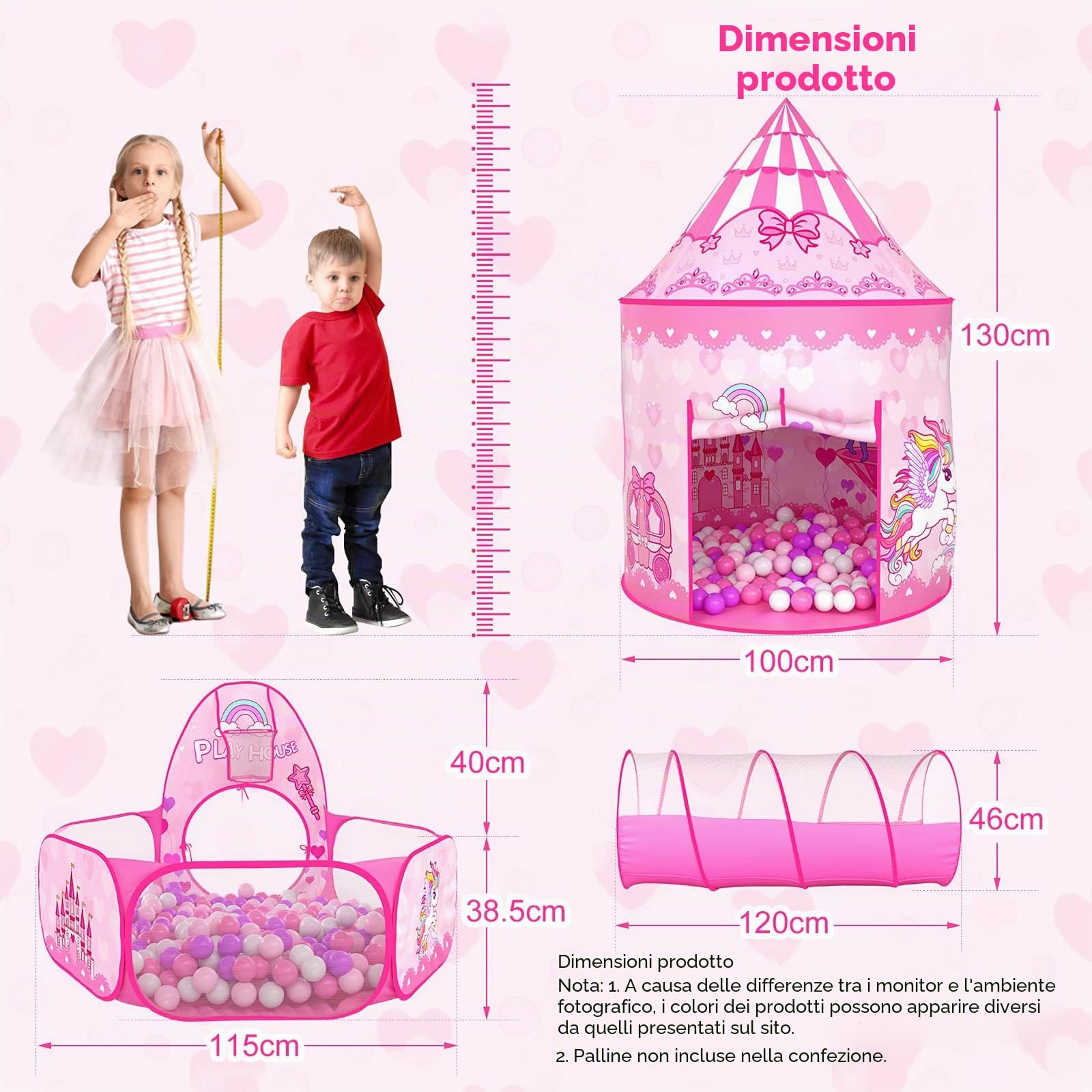 Wilwolfer Tenda Gioco Pop-up + Tunnel Gioco + Piscina di Palline per Bambini - 3-in-1 Casetta per Neonati Bambine Bambini - Grande Casetta Giardino Interni ed Esterni (Tenda Principessa)