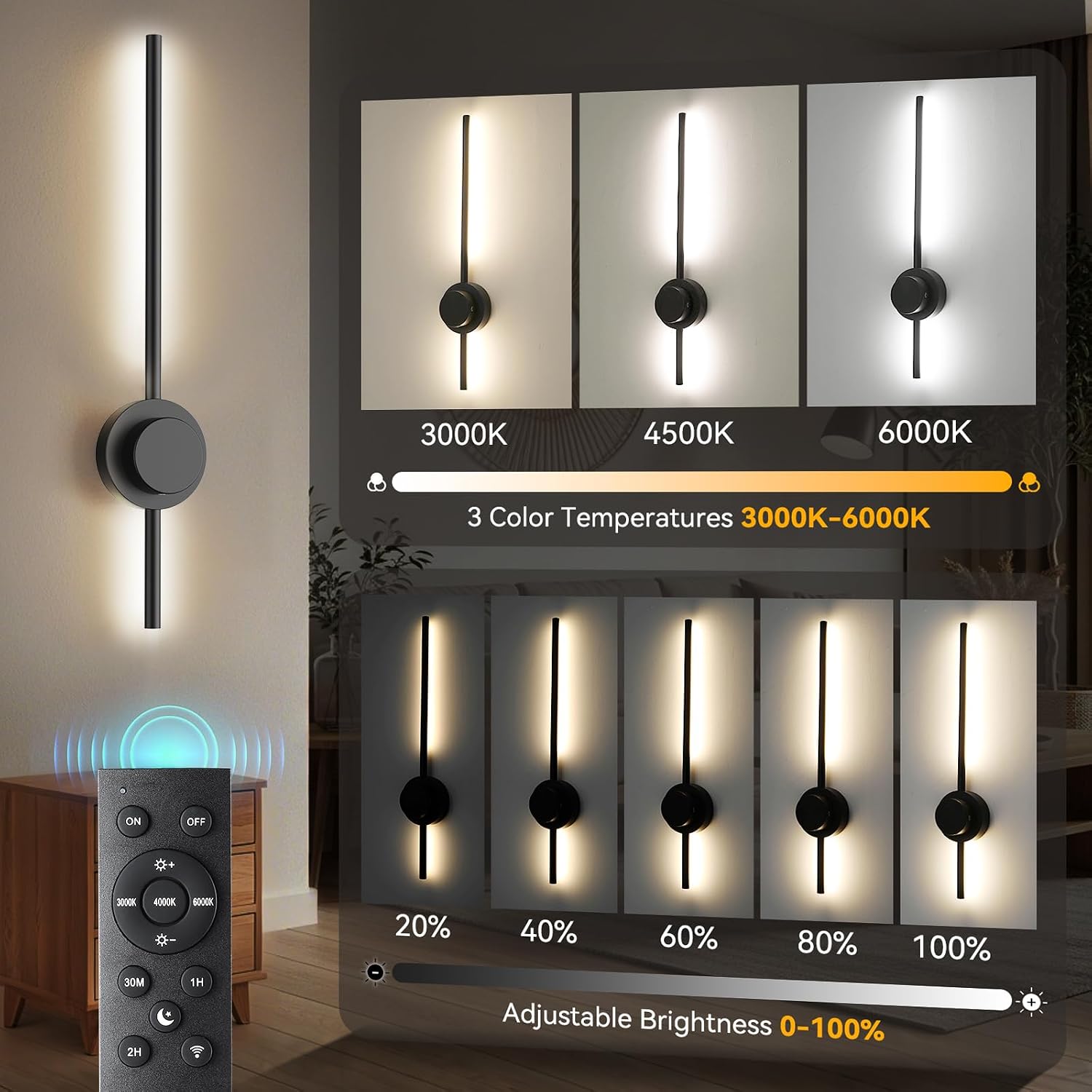 Rechargeable Wireless Wall Sconces Set of Two, 27.5 Inch Wall Lights with Remote | 360° Adjustable Heads & 3 Color Temperatures | Timer, Sconces Battery Operated for Bedroom, Hallway, Staircase Decor