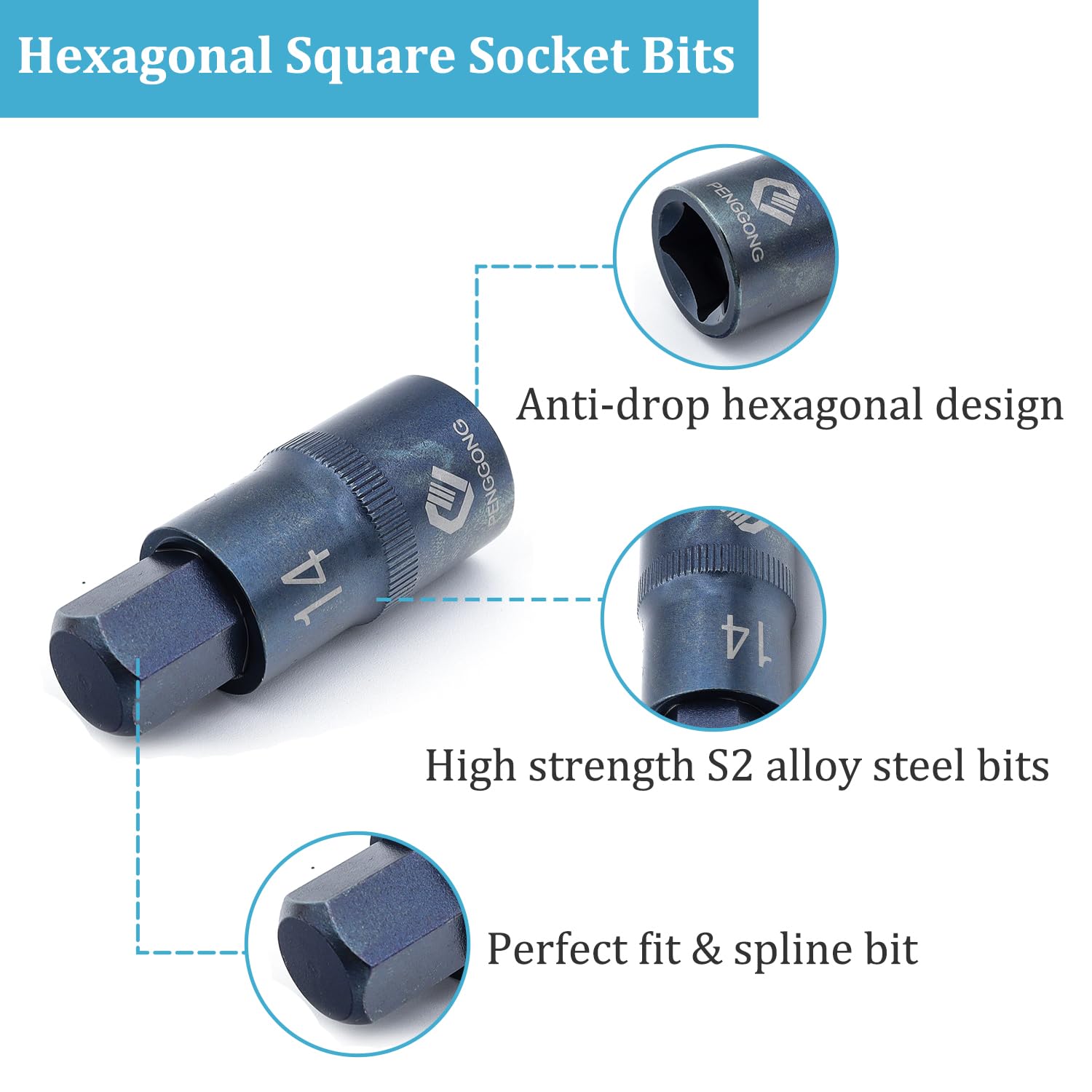 Juttzzei 1/2" Drive H14 Hex Bit Socket, 14mm Allen Key Square Socket, Premium S2 Steel H14 Hex Bit with 2" Length - Image 4