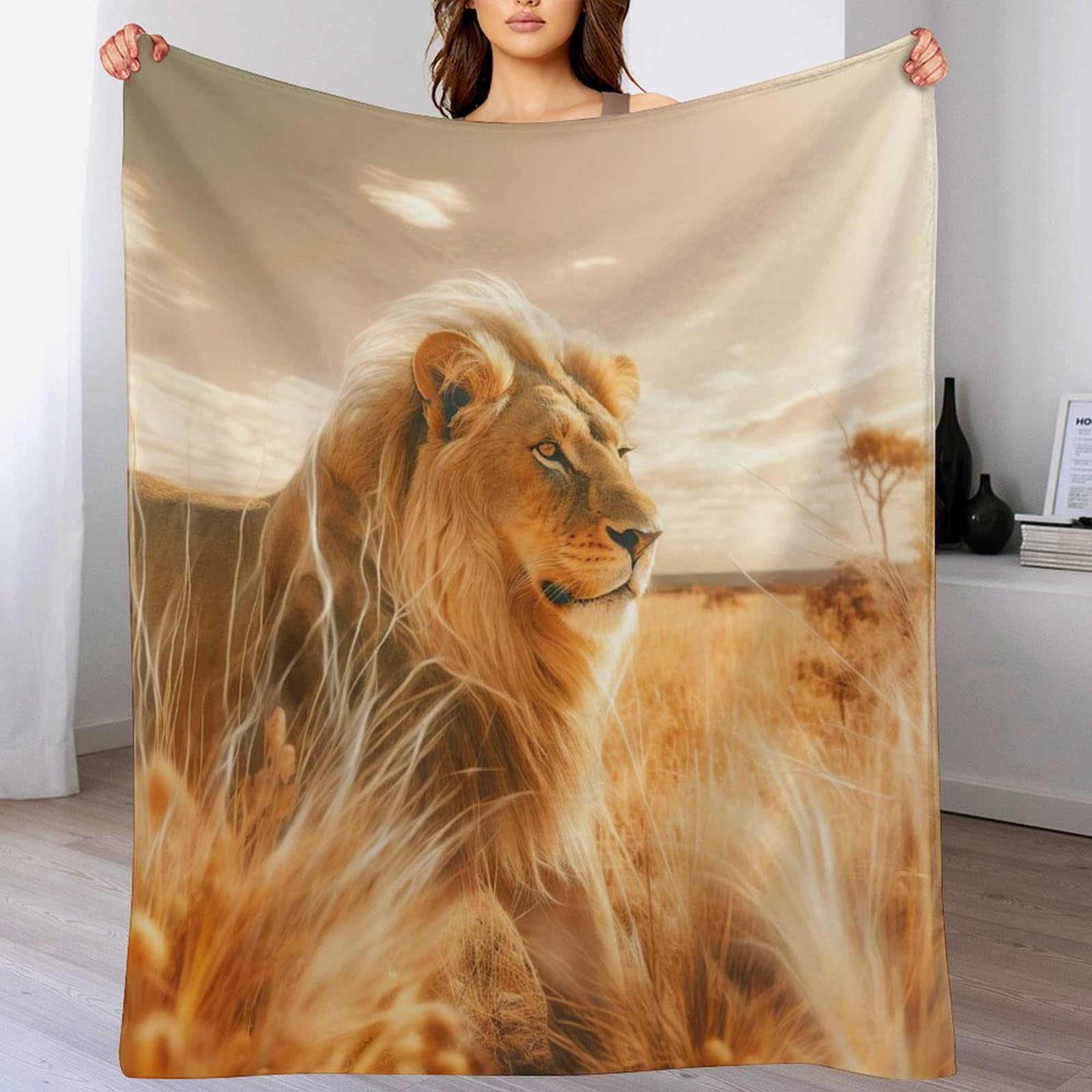 Couverture polaire en flannel lion contre le froid plaid chaud et léger de lit