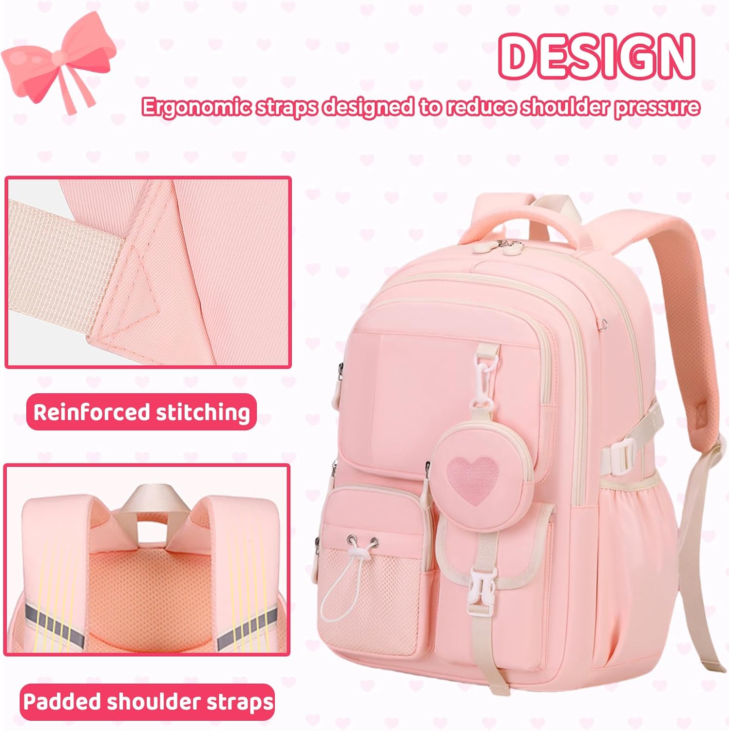 Cute School Backpack for Teen Girls Kawaii Large Waterproof Bookbags for Kids Elementary Middle High School Students Preppy Aesthetic Heart Book Bag (Black Purple)