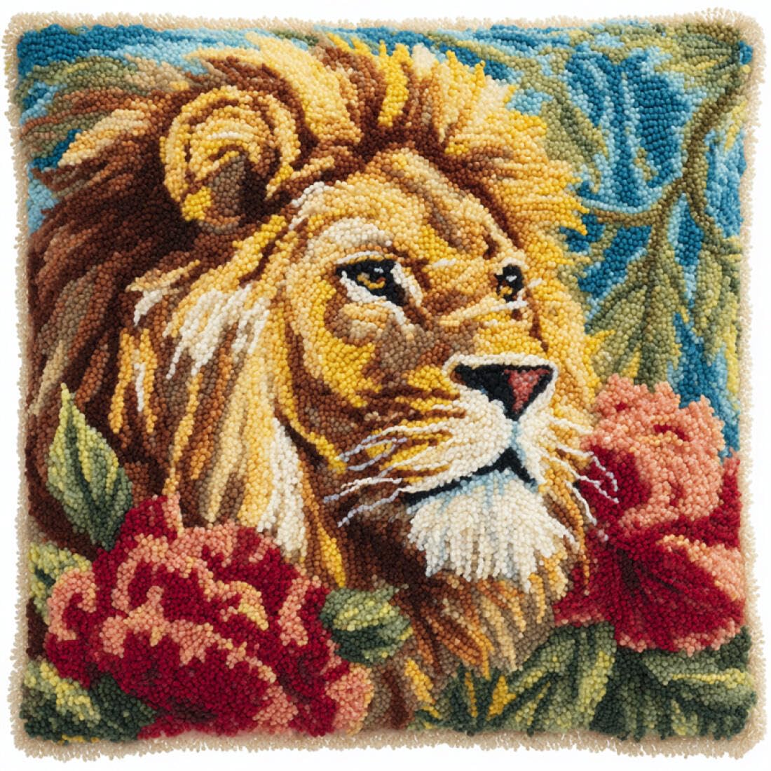 Kitquiver Animal Cushion Making Kit Lions and Flowers Cushion Pillow Front Chunky Cross Stitch Kits DIY Embroidery Needlepoint Kit for Home Décor 17x17In
