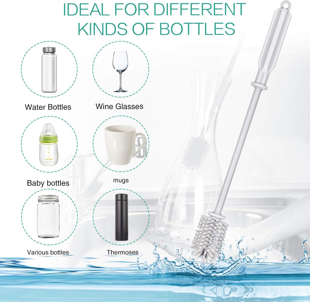 Hottest Sales ORIA Bottle Cleaning Brush, Long Silicone Bottle Brush, Tube Nozzle Water Bottle, Bendable Kitchen Cleaning Brush Set for Narrow Long Neck Bottles, Water Cup, Wine Bottles, Baby Bottles