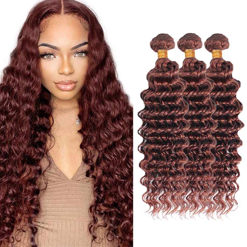 Copper Red Bundles Human Hair #33 Deep Wave Bundles Reddish Brown Human Hair Bundles 18 20 22 inch Mixed Length 3 Bundles Unprocessed Virgin Hair Bundles