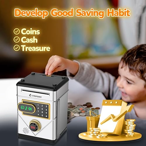 Miniatura 9 de Refasy Alcancía electrónica, caja de dinero en efectivo para niños, caja de ahorro de dinero, cajero automático con música pantalla táctil, banco de