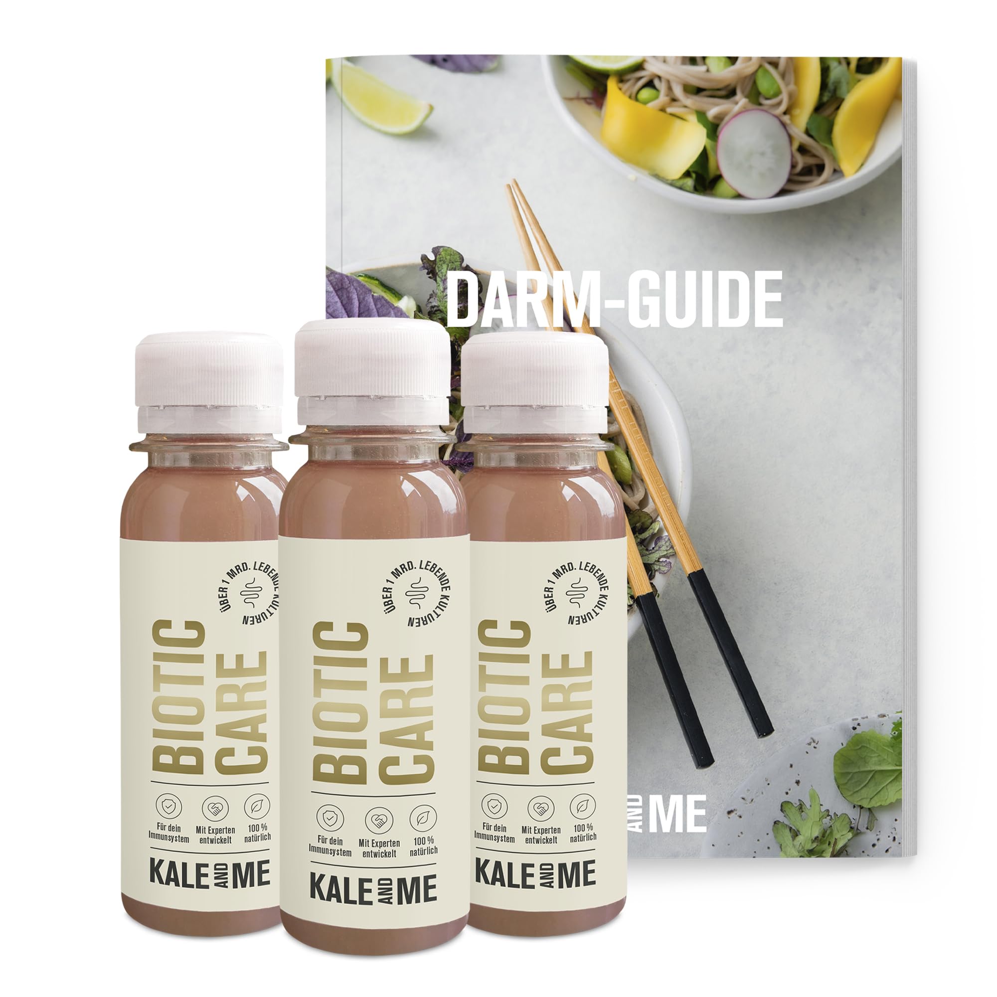 Kale&Me Darmkur 4 Wochen – 28 Shots mit je 85 ml – mit Darm-Guide | Biotic Care Shot mit sporenbasierten Bakterien & Präbiotika, vegan, ohne Zusatz- & Konservierungsstoffe, reich an Vitamin C
