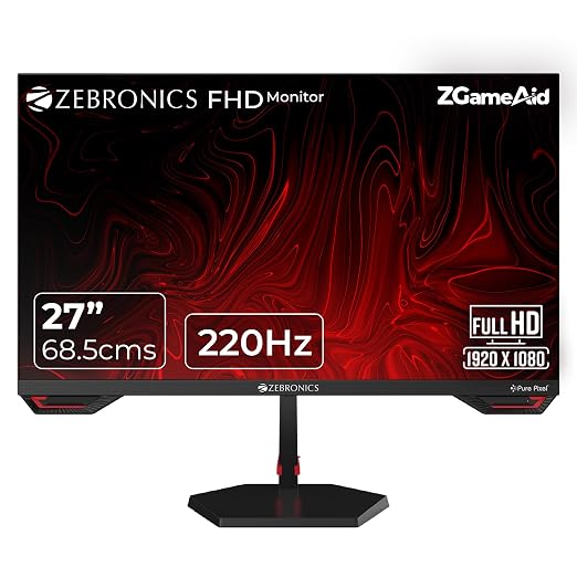 Zebronics S27A 27"" (68.5 cm) Gaming Monitor, 220Hz Refresh Rate, Fast IPS Display, HDMI, DP, FHD 1920x1080, 350nits Brightness, Built-in Speakers, ZGame Aid, Adaptive Sync, Bezel-less, Wall Mountable