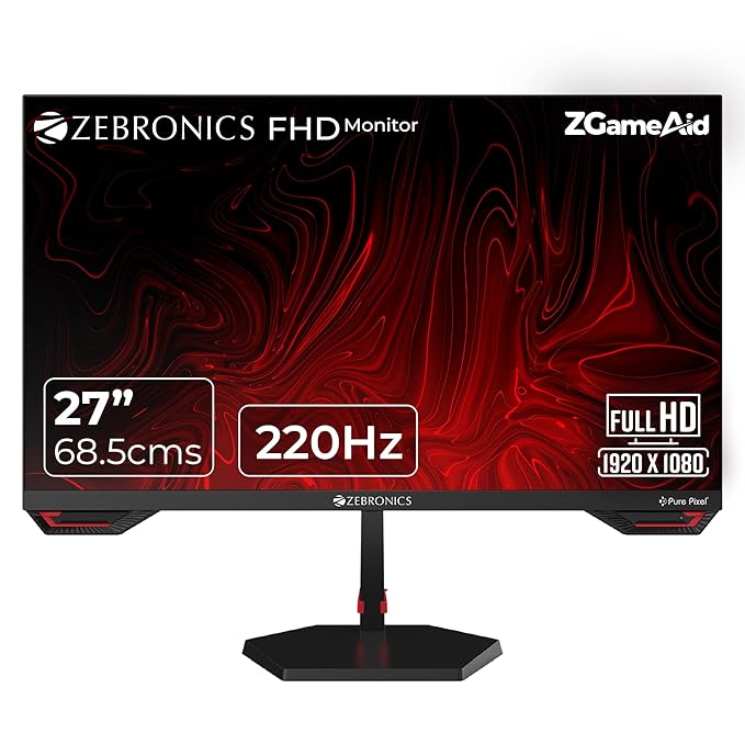 Zebronics S27A 27"" (68.5 cm) Gaming Monitor, 220Hz Refresh Rate, Fast IPS Display, HDMI, DP, FHD 1920x1080, 350nits Brightness, Built-in Speakers, ZGame Aid, Adaptive Sync, Bezel-less, Wall Mountable
