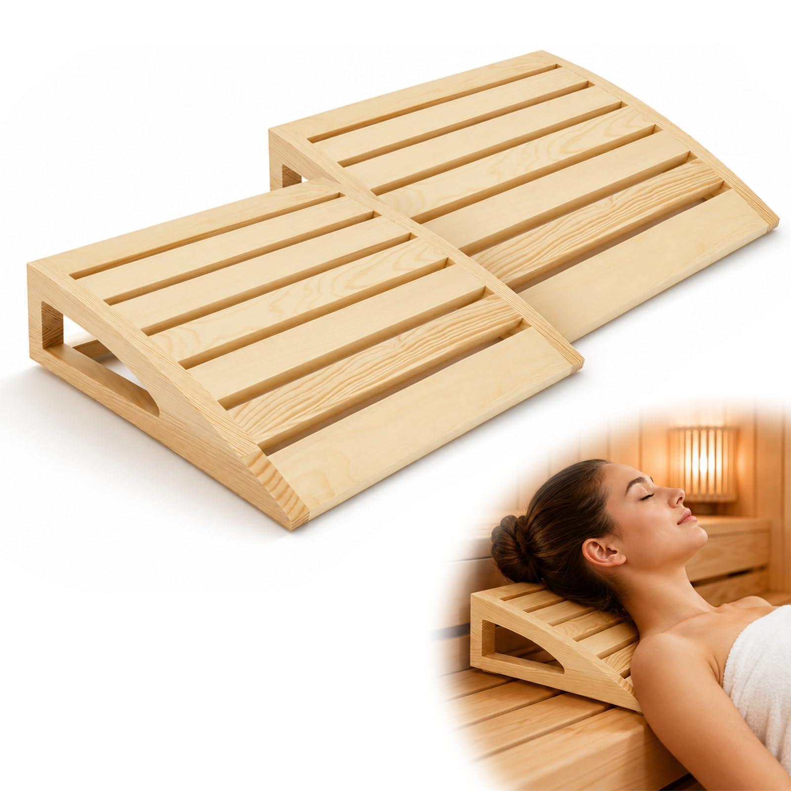 2 Stück Sauna Kopfstütze Holz, Ergonomische Saunakopfstütze mit feiner Politur splitterfreier, Gebogene Rücken- und Nackenstütze, Sauna Zubehör für Saunatypen, 38x31x7cm