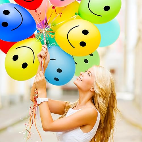 Miniatura 6 de Sratte 100 globos de sonrisa feliz para fiesta de cumpleaños, 12 pulgadas, de látex, cara sonriente, globos coloridos y traviesos para fiesta de