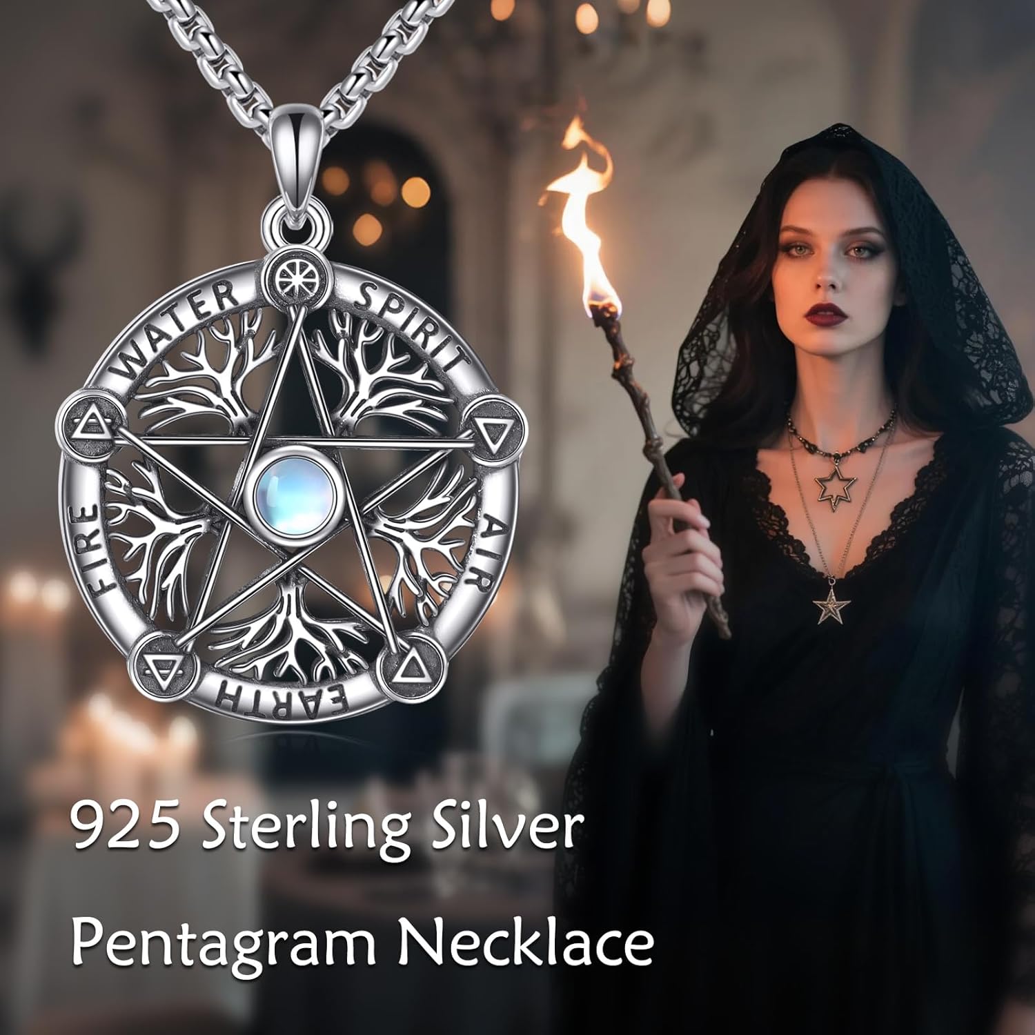 Pentagram Necklace 925 Sterling Silver Pentagram Moonstone Pendant Necklace Pentacle Tree of Life Jewelry Gifts for Men - Image 6