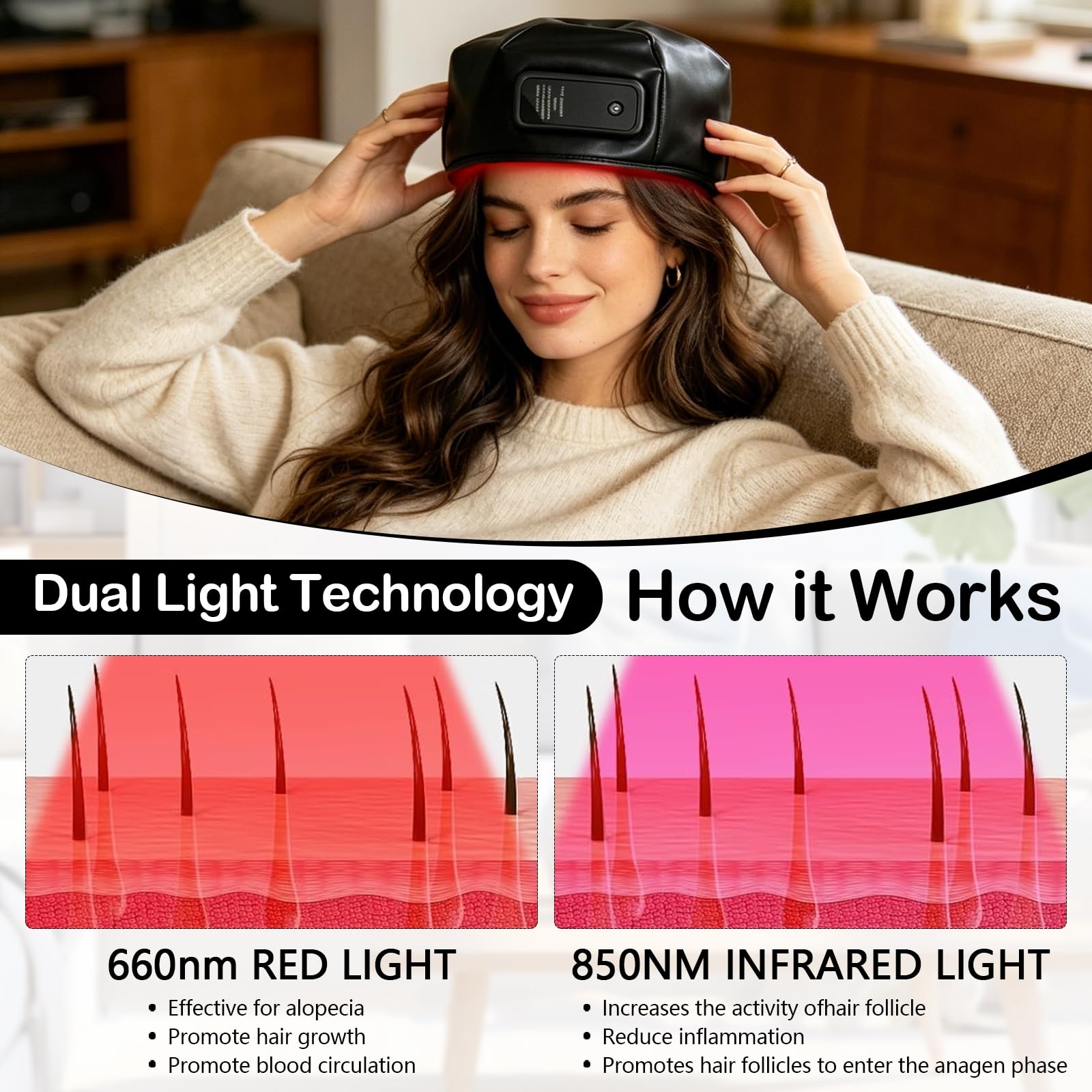 Gorra de Terapia de Luz Roja de Cuero Mejorada, 120 LED 660 nm y 850 nm, Batería 1800 mAh USB-C, Gorra LED para el Cuidado del Cuero Cabelludo y Cabello Fino